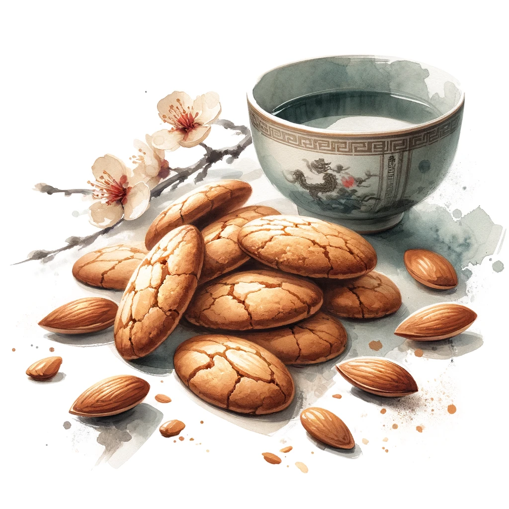 DALL·E 2024-02-01 12.52.11 - Create an illustration of Chinese almond cookies in a traditional Chinese watercolor style. The cookies should be depicted with soft brush strokes and.png