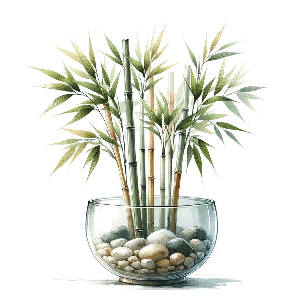 DALL·E 2024-02-01 12.52.55 - Create an illustration of the bamboo plant known as 富贵竹, displayed in a glass bowl with pebbles, in a traditional Chinese watercolor style based on th.png