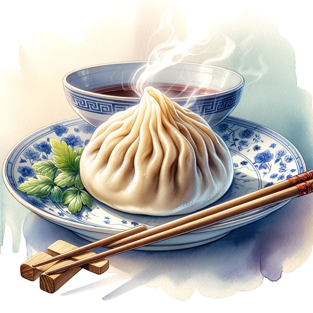 DALL·E 2024-02-01 12.54.54 - Create an illustration of a traditional Chinese dumpling or jiaozi in a watercolor style. The dumpling should be freshly steamed, with a translucent d.png