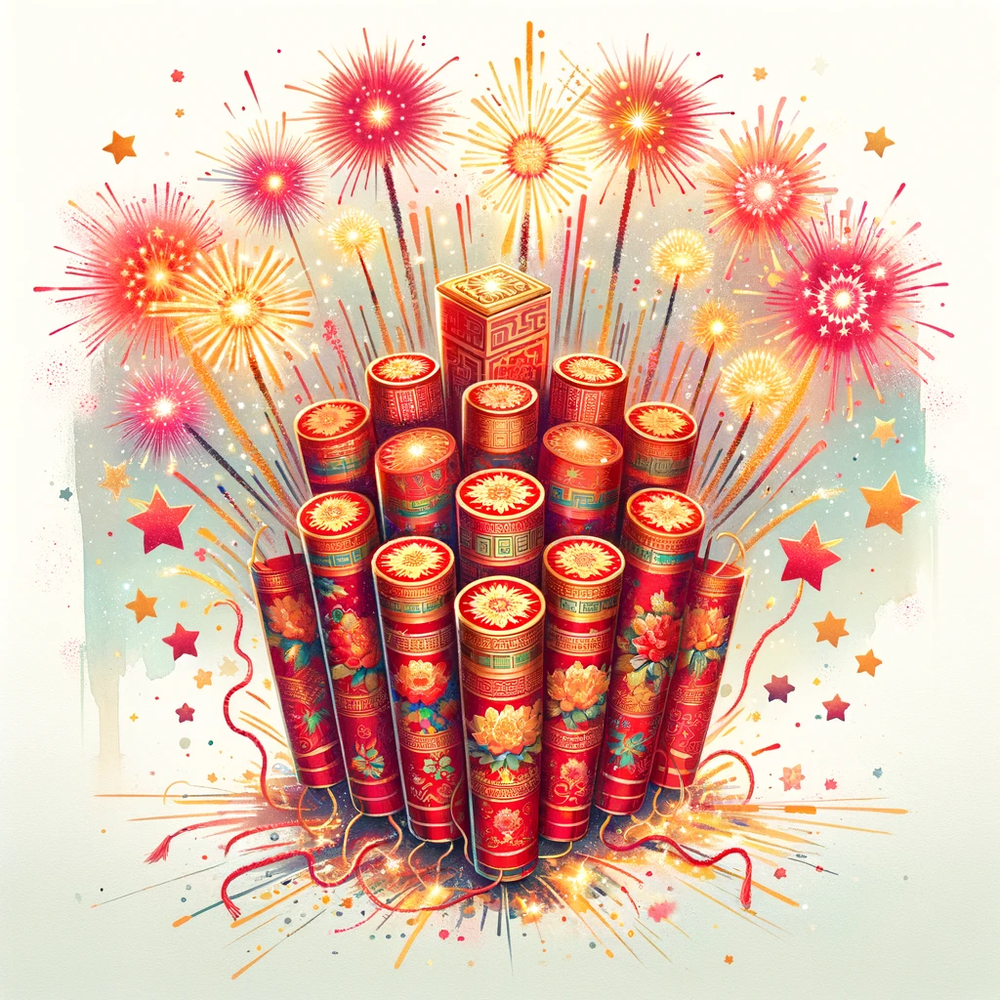 DALL·E 2024-02-01 12.54.32 - Create an illustration in the style of traditional Chinese watercolor, inspired by a vibrant bundle of Chinese firecrackers with bright red and gold p.png