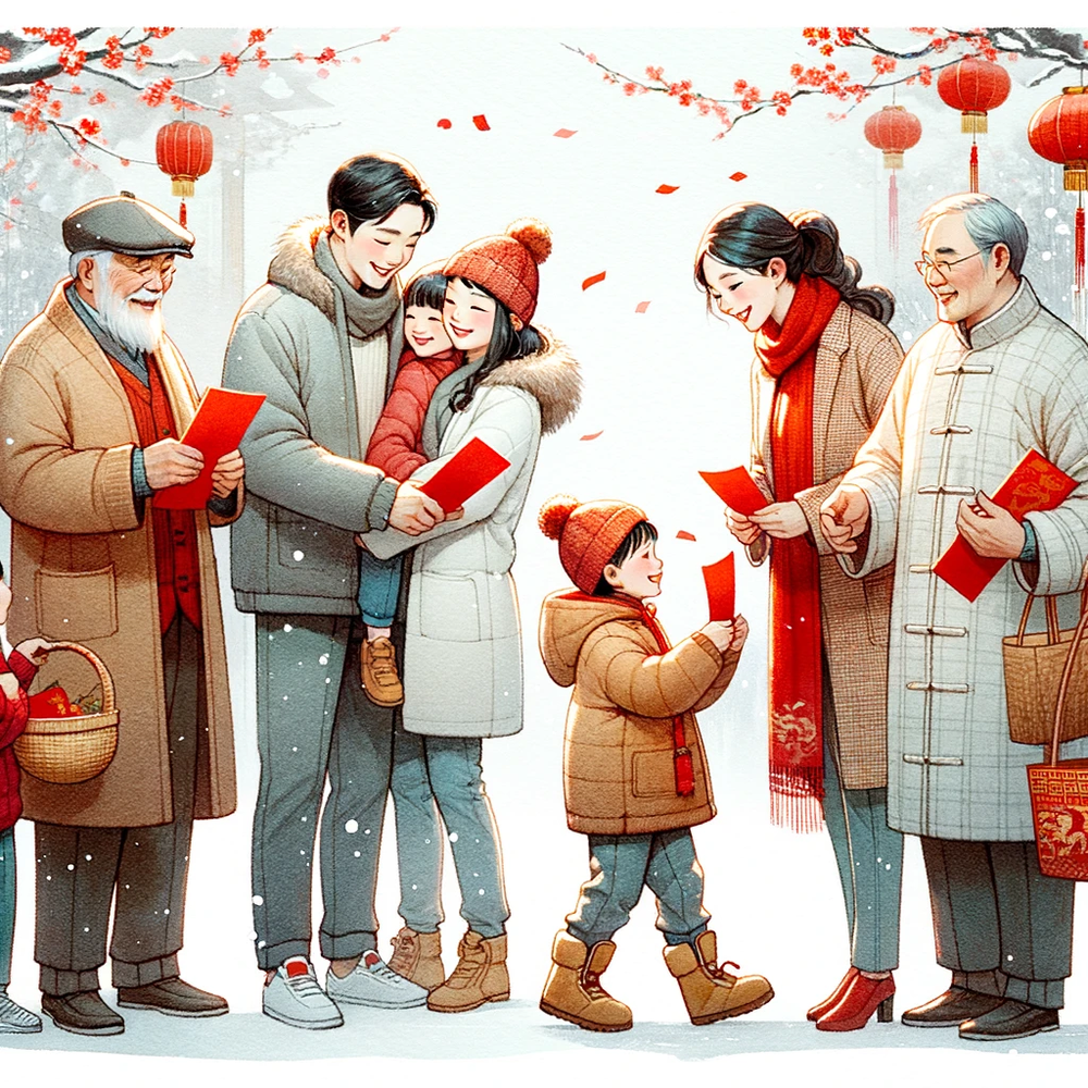 DALL·E 2024-02-01 14.32.48 - An illustration in the style of Chinese watercolor, depicting a family during the New Year period engaged in the traditional custom of Bai Nian . The.png