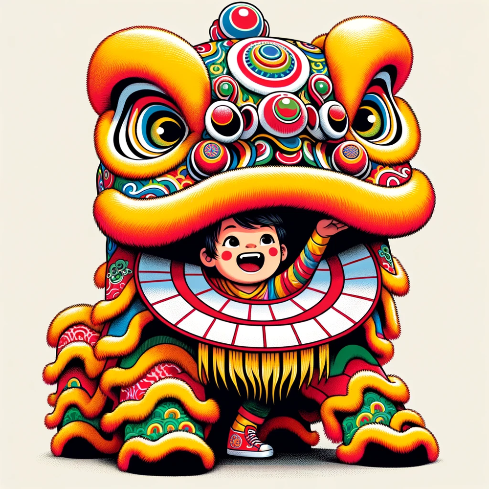 DALL·E 2024-01-23 22.57.50 - Create an illustration of a child inside a colorful lion dance costume, commonly seen in Chinese New Year celebrations. The child should be peeking ou.png