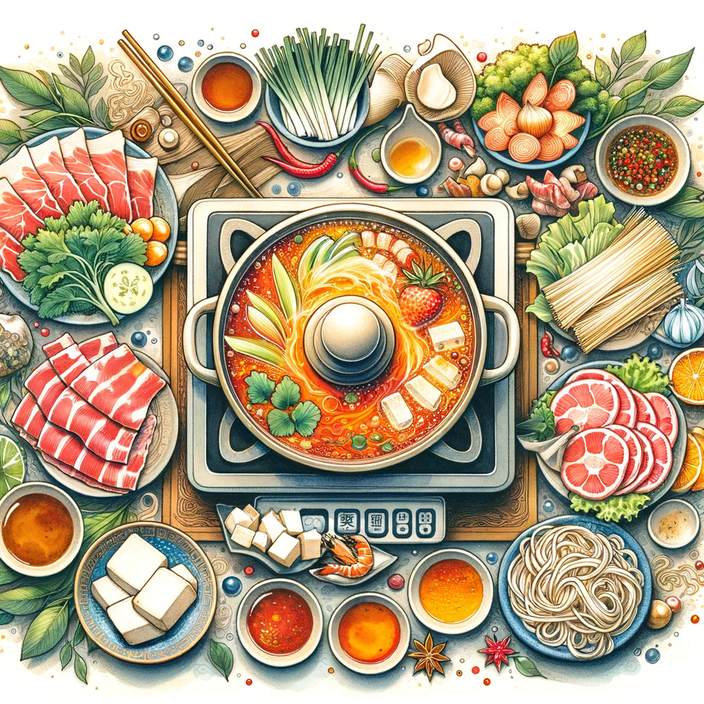 DALL·E 2024-02-01 12.55.19 - Create an illustration of a traditional Chinese hot pot with a variety of ingredients such as thinly sliced meats, tofu, vegetables, noodles, and seaf.png