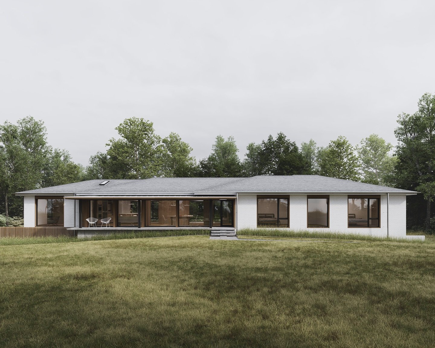 Renderings of a Forest Hills project from last year at @michaelgoorevicharchitects . A ranch house gets a long new porch and accompanying windows. @chaos.corona 
.
.
.
#nashvillearchitecture #nashvillemodernhomes #nashvilledesigners #midcenturyrenova