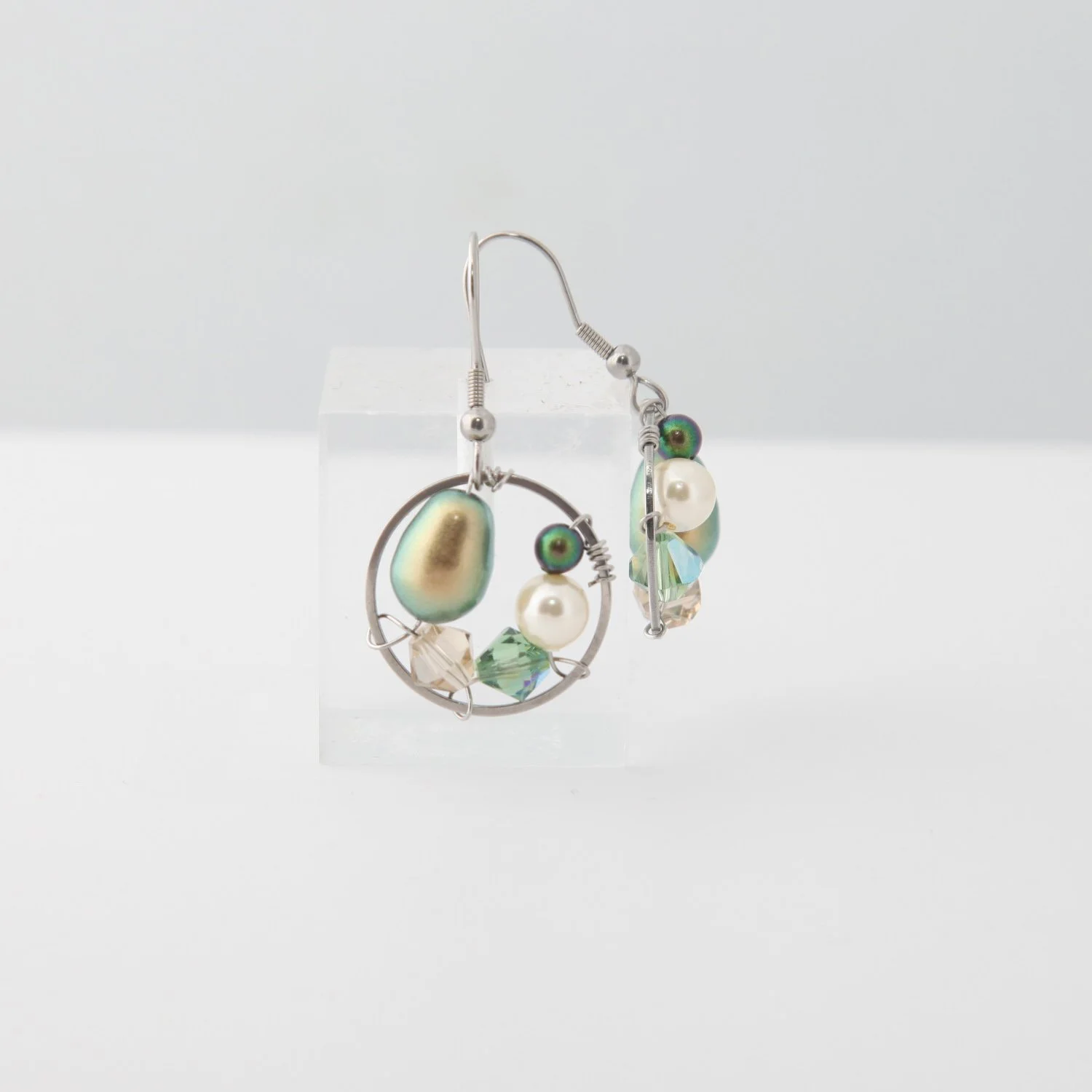 Steel green pearl drop earrings pic2.jpg