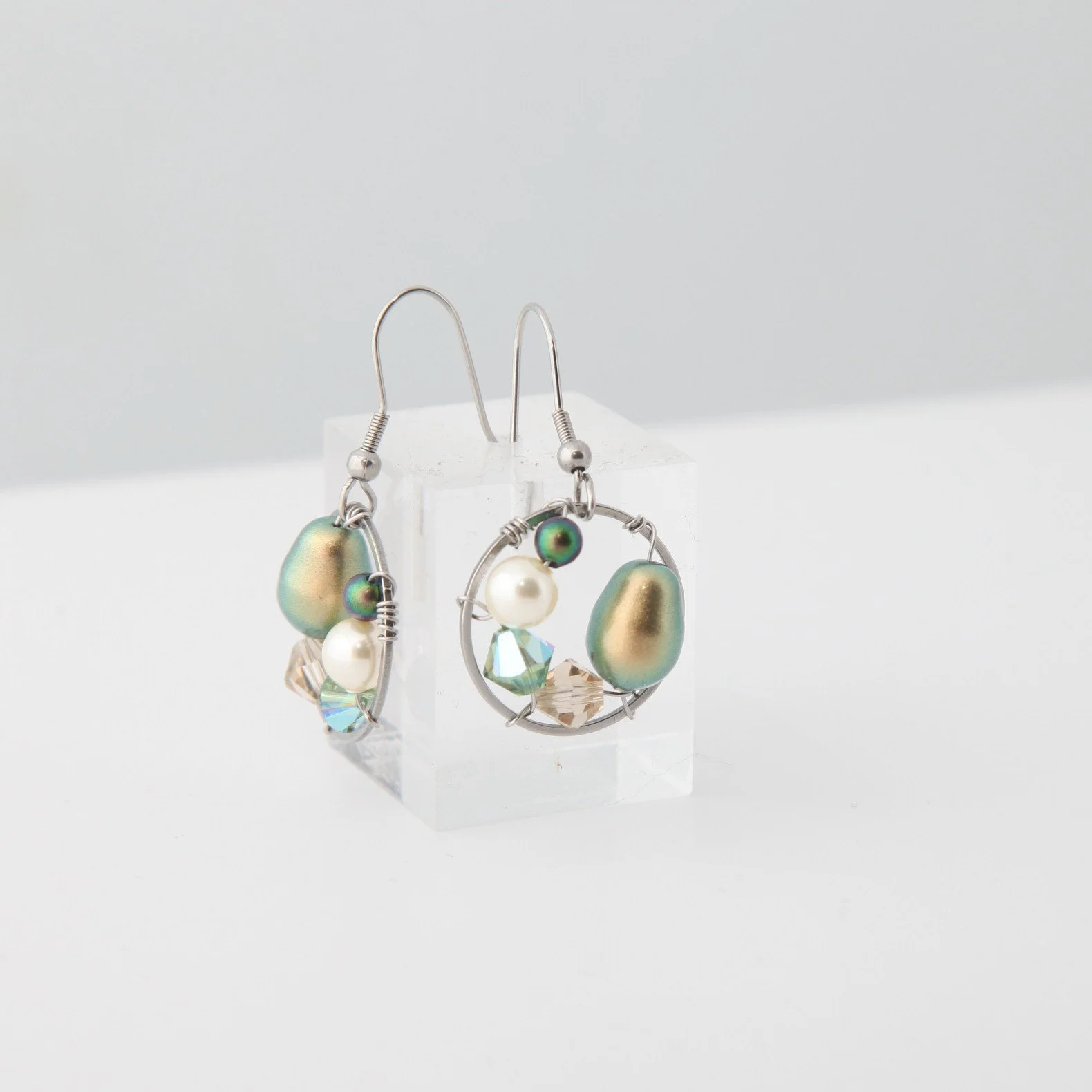 Steel green pearl drop earrings pic3.jpg