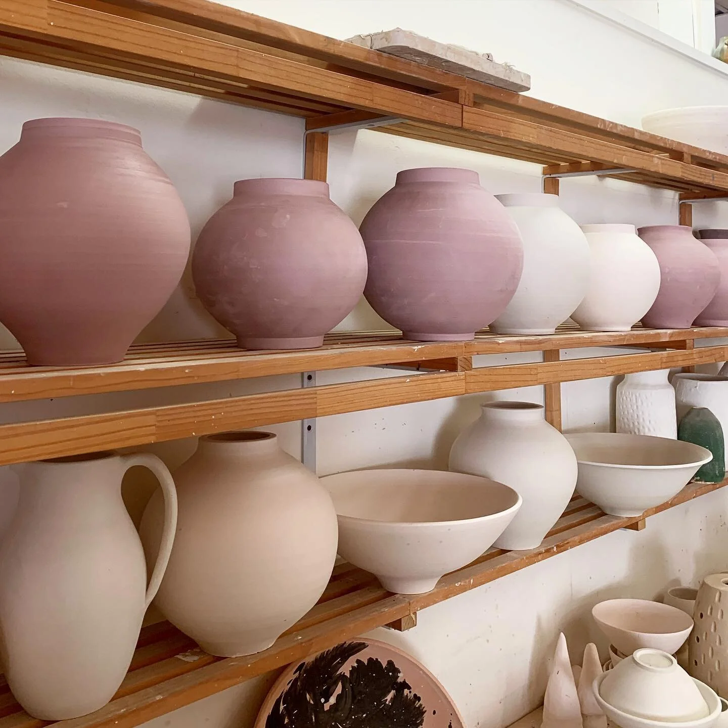 A few moon jars and other forms drying before there initial firing.
Only a few spots left in this weekend&rsquo;s introductory wheel throwing class from 9:30-2:30pm.
Lunch, all materials and firings included. 
Bookings available via the website. 
.
.