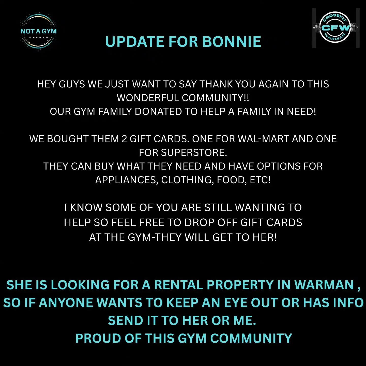 One of our members lost their house and two beloved pets in a house fire. And our members put together donations to help this family in a horrible situation. 

Very proud of this gym community! 
Thank you everyone!! 
If you know anyone needing a rent