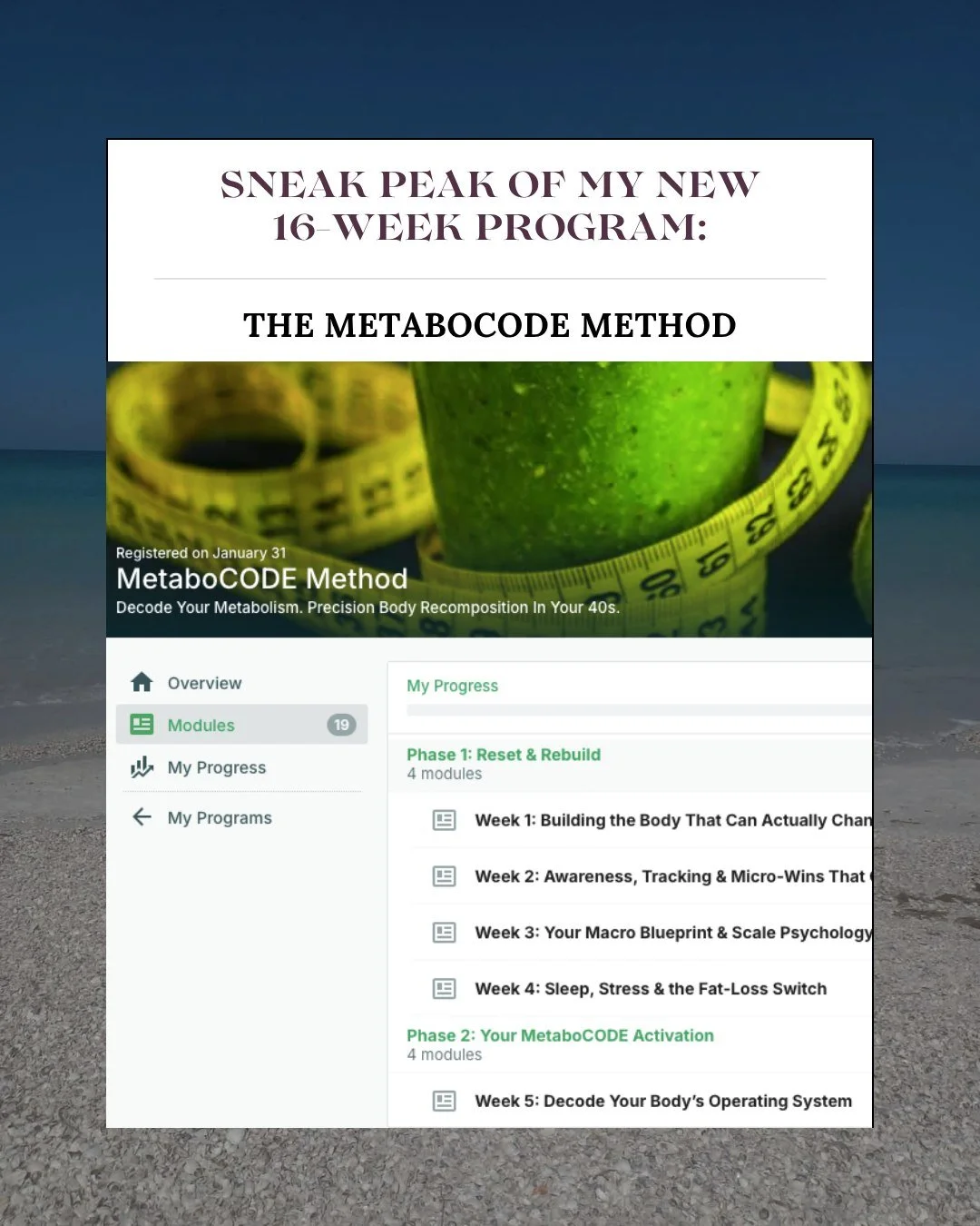 Here's a Sneak Peak of my new 16-week program: The MetaboCODE Method! 

The MetaboCODE Method is a 16-week body recomposition program for women over 40 who want to reclaim their metabolism, hormones, mind and energy while building lean muscle.

This 