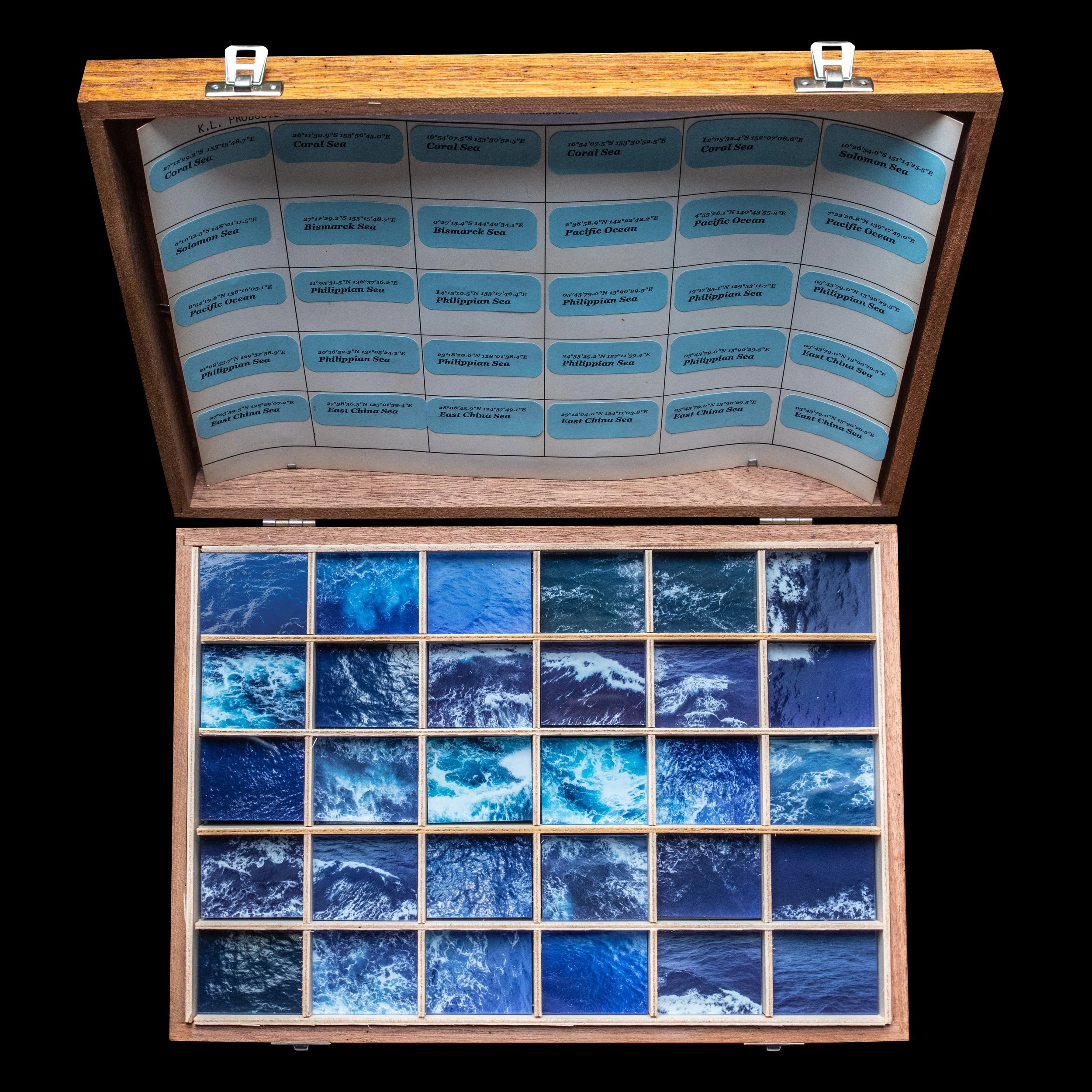 Blue Ontology (a photo of the sea taken twice a day between Australia and China). Found timber box/digitally printed 3 mm acrylic/paper.