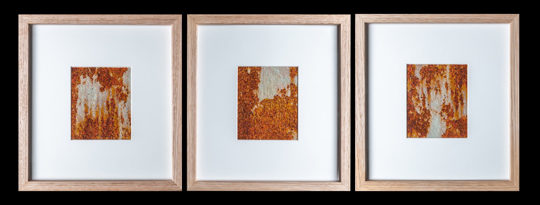 Atrophy 1, 2 & 3 (rust details from ANL Wahroonga). Cross-Stitch, 13.5 x 11cm.