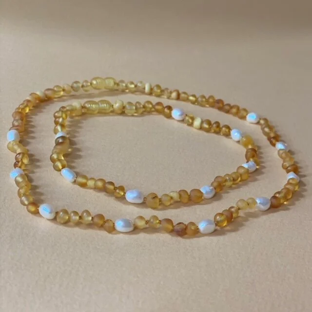 Baltic Amber Necklace, Shankha- Freshwater Pearl MINI