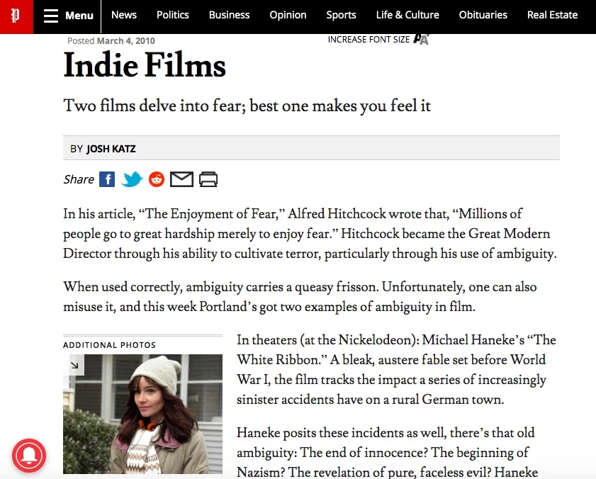  Any time you get to compare Michael Haneke and Ti West is a good time, in my humble estimation. The full article is   HERE  .    Alas, many of my columns are now lost to the vagaries of the Interwebs;     THIS PAGE   has all the ones I could find. 