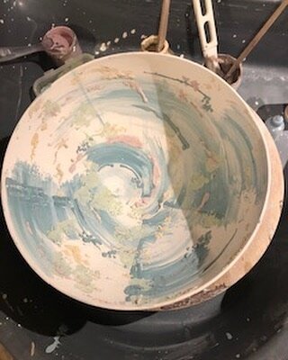 Vessel decorated with stains and glazes prior to being spray glazed.  So wonderful to be able to be in the studio.