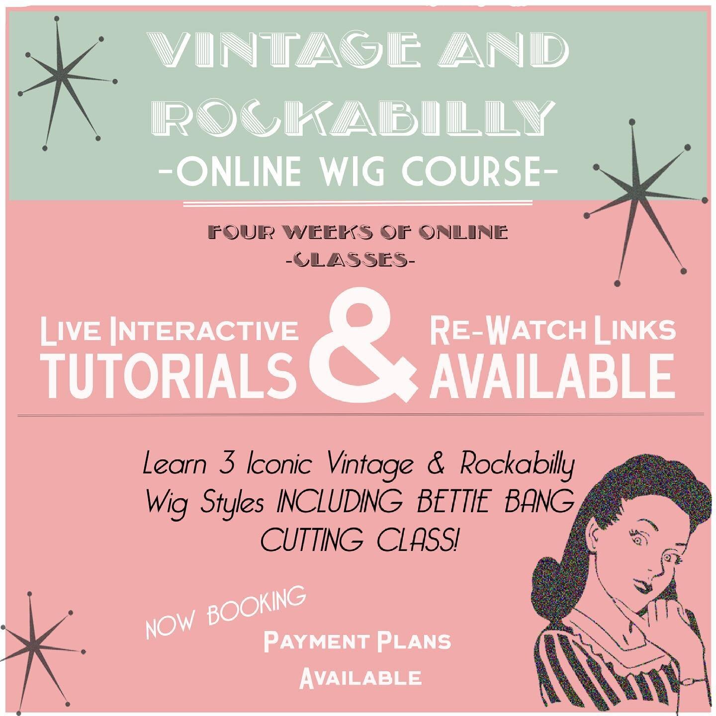 ✨Vintage &amp; Rockabilly Online Wig Course! Now Booking😱 ✨ Includes:
&bull;4 weeks of online wig classes
&bull;Illustrated Course Handbook
&bull;Rewatch options and downloadable copies of all classes
&bull;Access to Private Course Instagram page wi