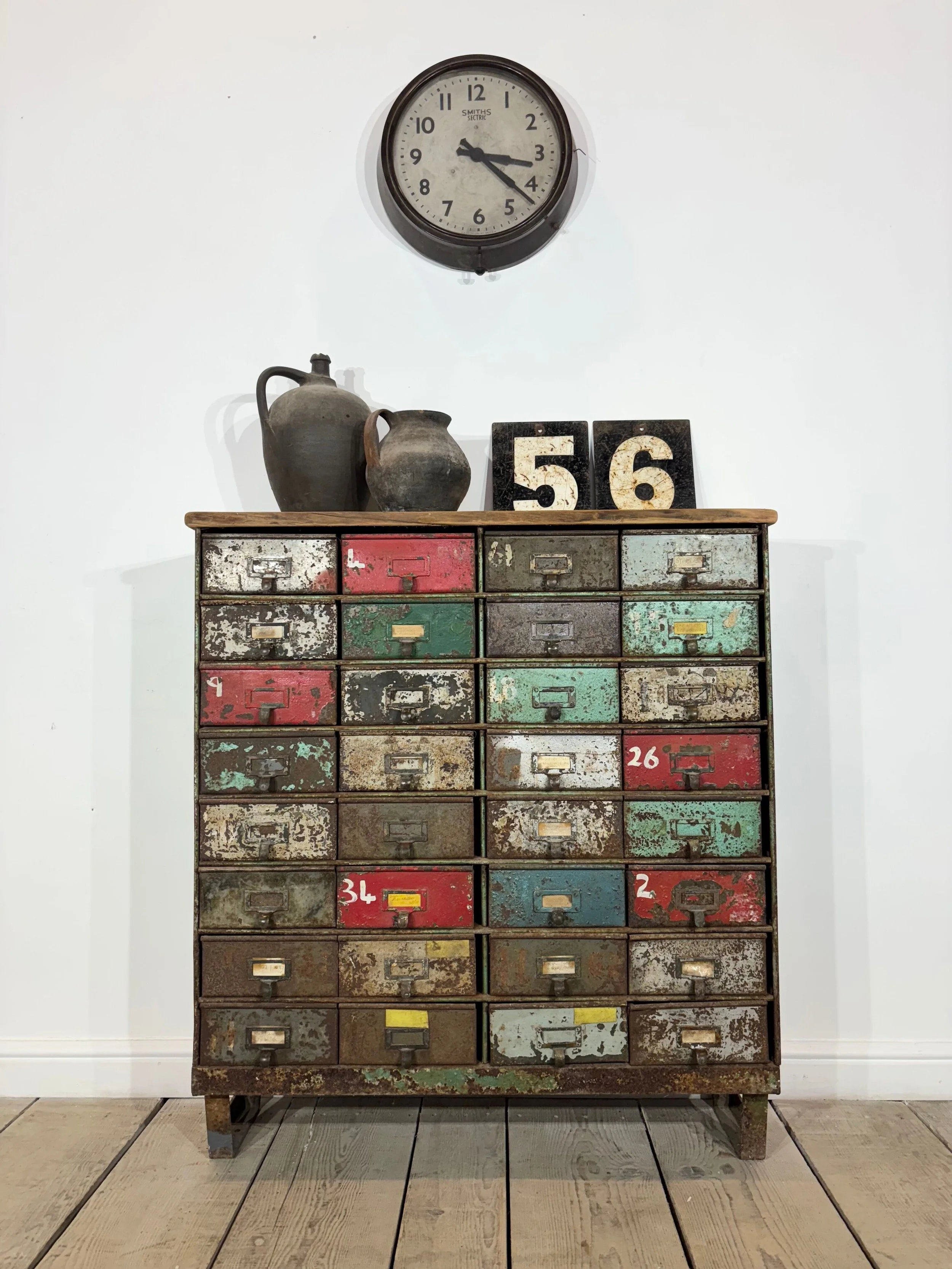 Vintage Industrial Original Painted Military Bank Of Drawers