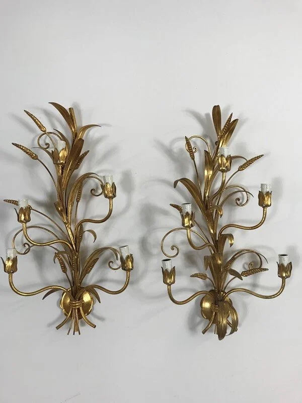 Mid Century French Gilt Wheatsheaf Wall Lights