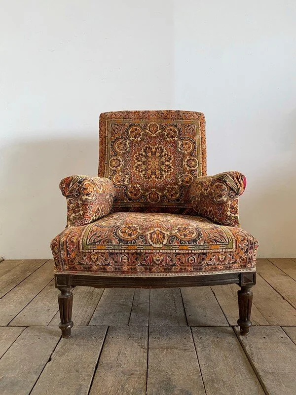 Vintage Antique French Carpet Armchair