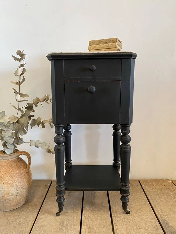 Vintage Marble Top Ebonised Painted Pot Cupboard