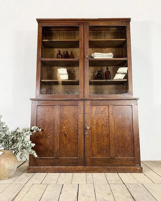 Early 1900s Antique Oak Glazed Glass Cabinet