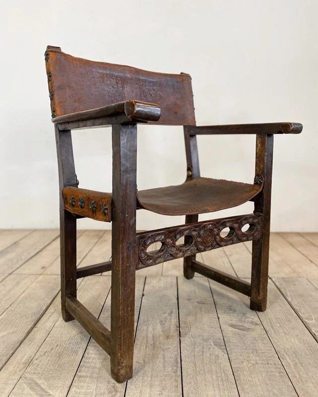 Antique French Leather Safari Armchair