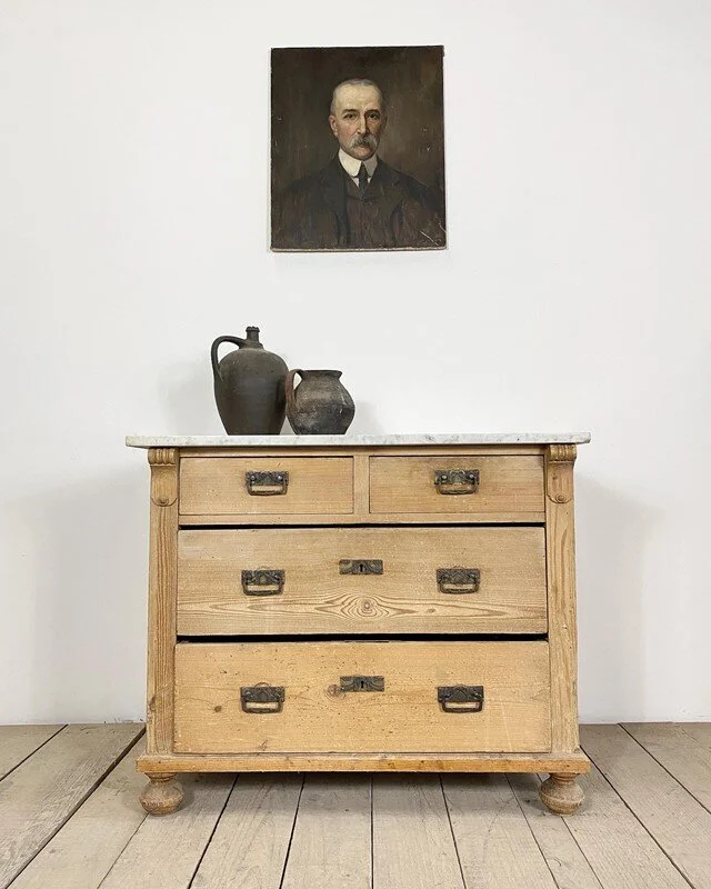 Antique Rustic Pine Marble Top Chest Of Drawers