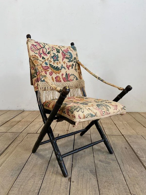 19th Century French Ebonised Faux Bamboo Campaign Armchair