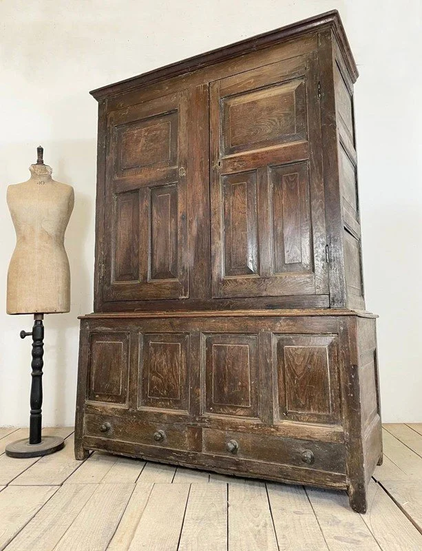 17th Century Antique Solid Oak Linen Press Cupboard