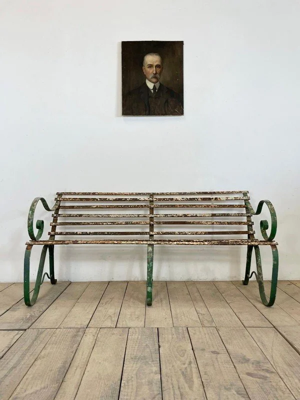 Antique Original Painted Iron Strapwork Garden Bench