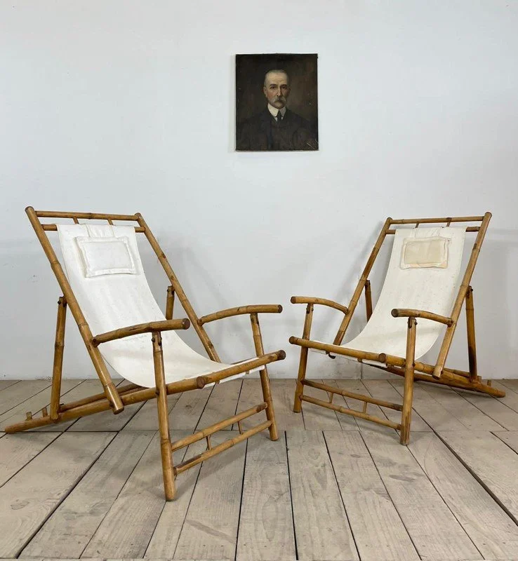 Set Of 4 Vintage French Bamboo Loungers