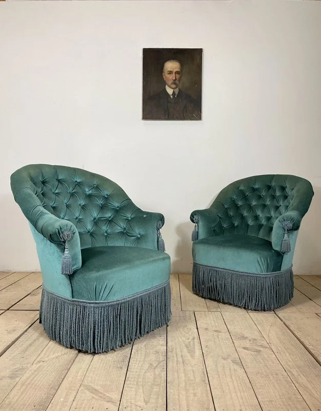 Pair Of Antique French Napoleon Velvet Armchairs