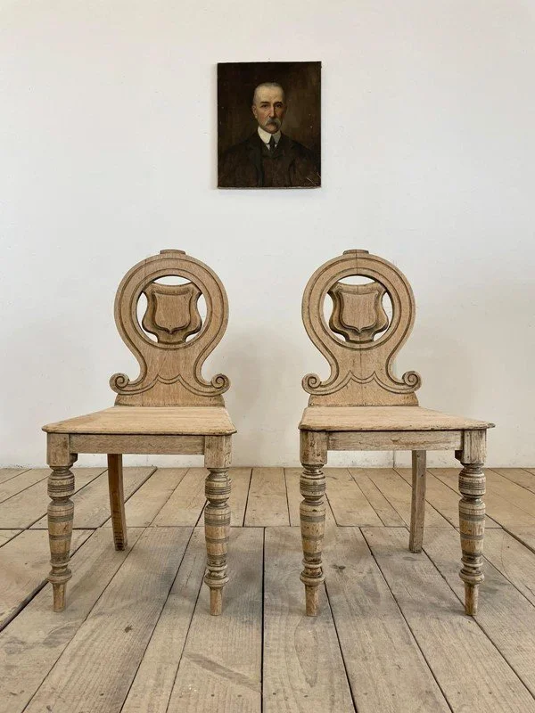 Pair Of Victorian Antique Oak Shield Back Hall Chairs