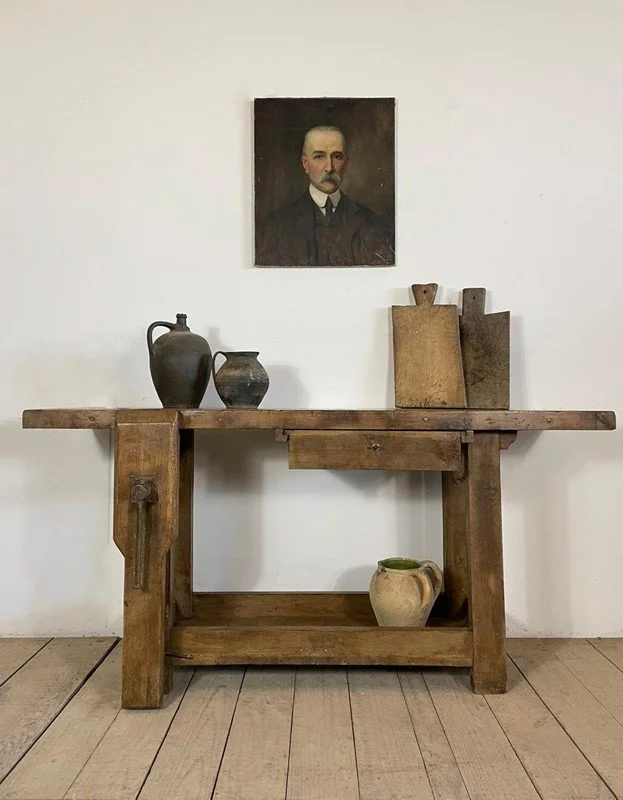 Antique French Oak Workbench Console Table