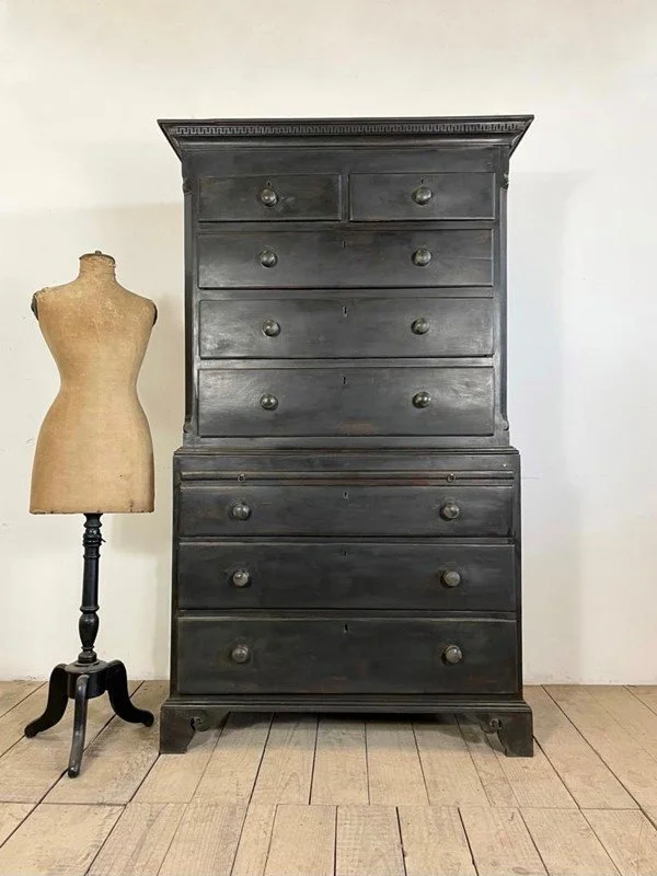 Georgian Antique Ebonised Painted Chest On Chest