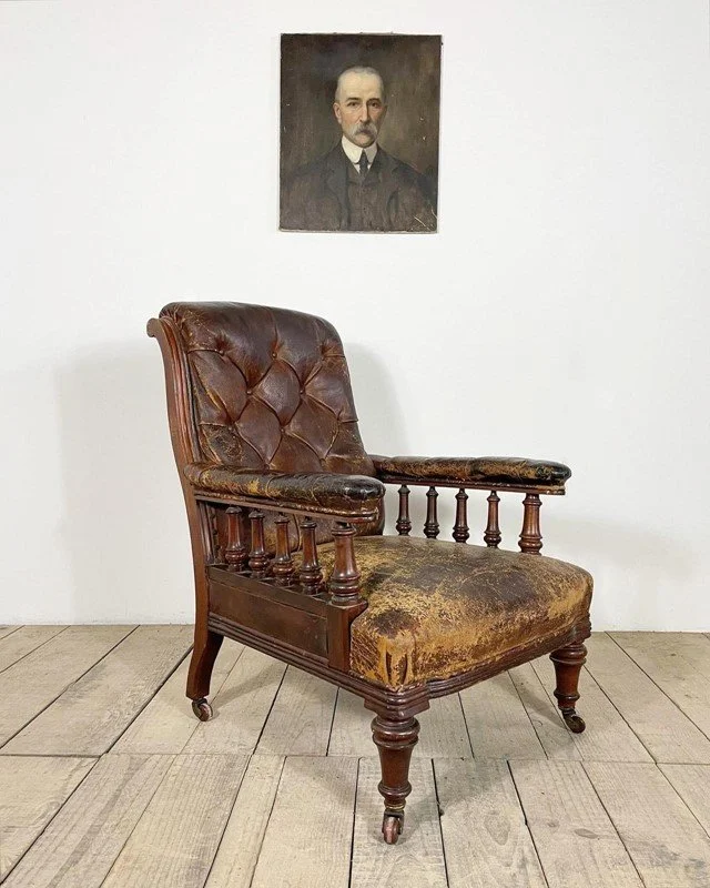 Victorian Antique Brown Leather Library Armchair