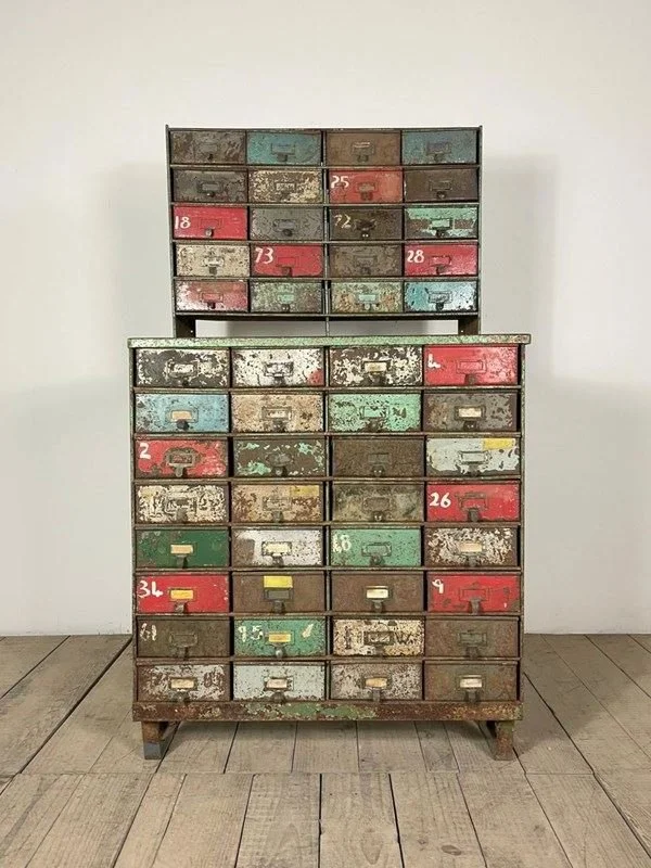Vintage Industrial Original Painted Military Bank Of Drawers