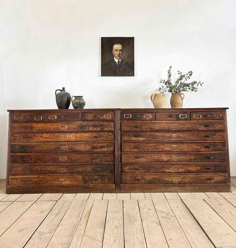 Early 1900s Antique Oak Architects Double Plan Chest