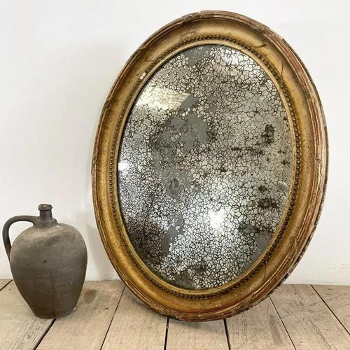 19th Century Antique French Gilt Foxed Oval Mirror