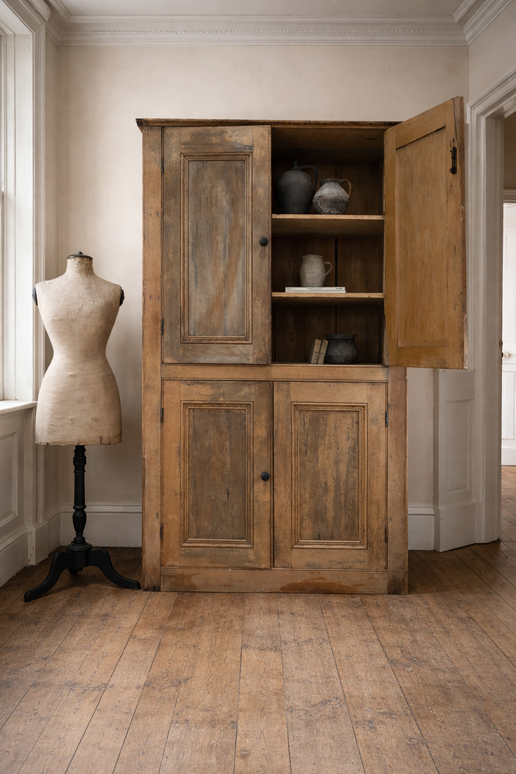 Large Victorian Antique Rustic Pine Housekeepers Cupboard