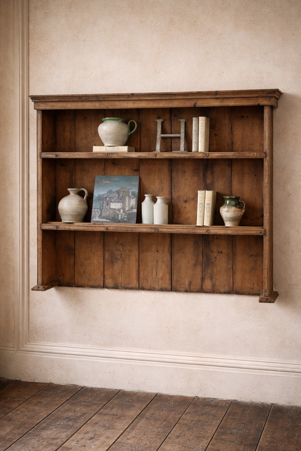 Victorian Antique Rustic Pine Wall Mounted Shelving Unit
