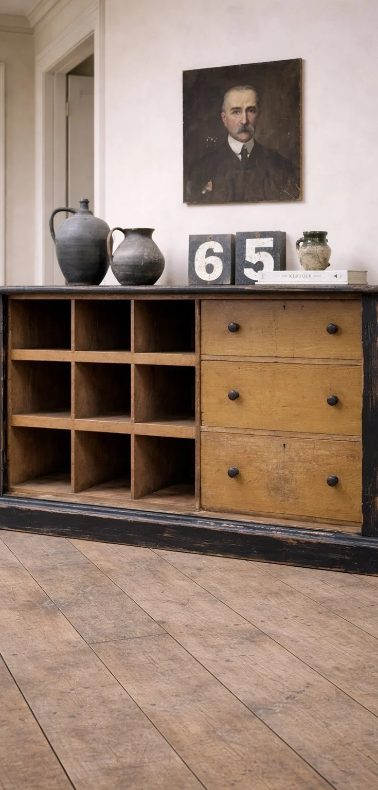 Antique Ebonised Painted Pigeon Hole Cupboard & Merchant’s Chest