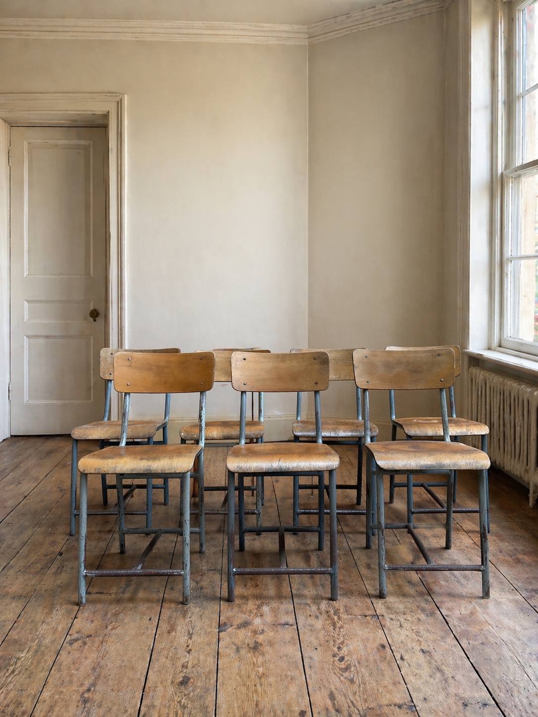 Set Of 7 Vintage French Industrial Mullca School Chairs