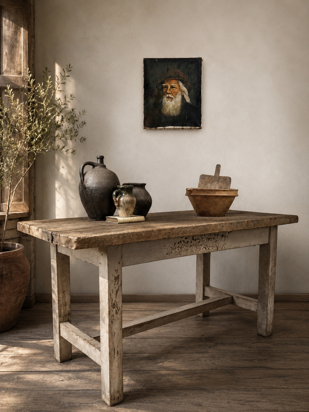 Antique French Original Painted Solid Oak Refectory Kitchen Dining/Console Table