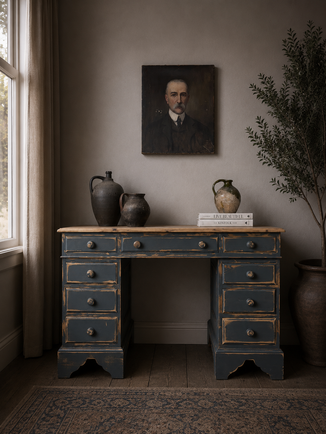 Vintage Distressed Painted Pedestal Desk