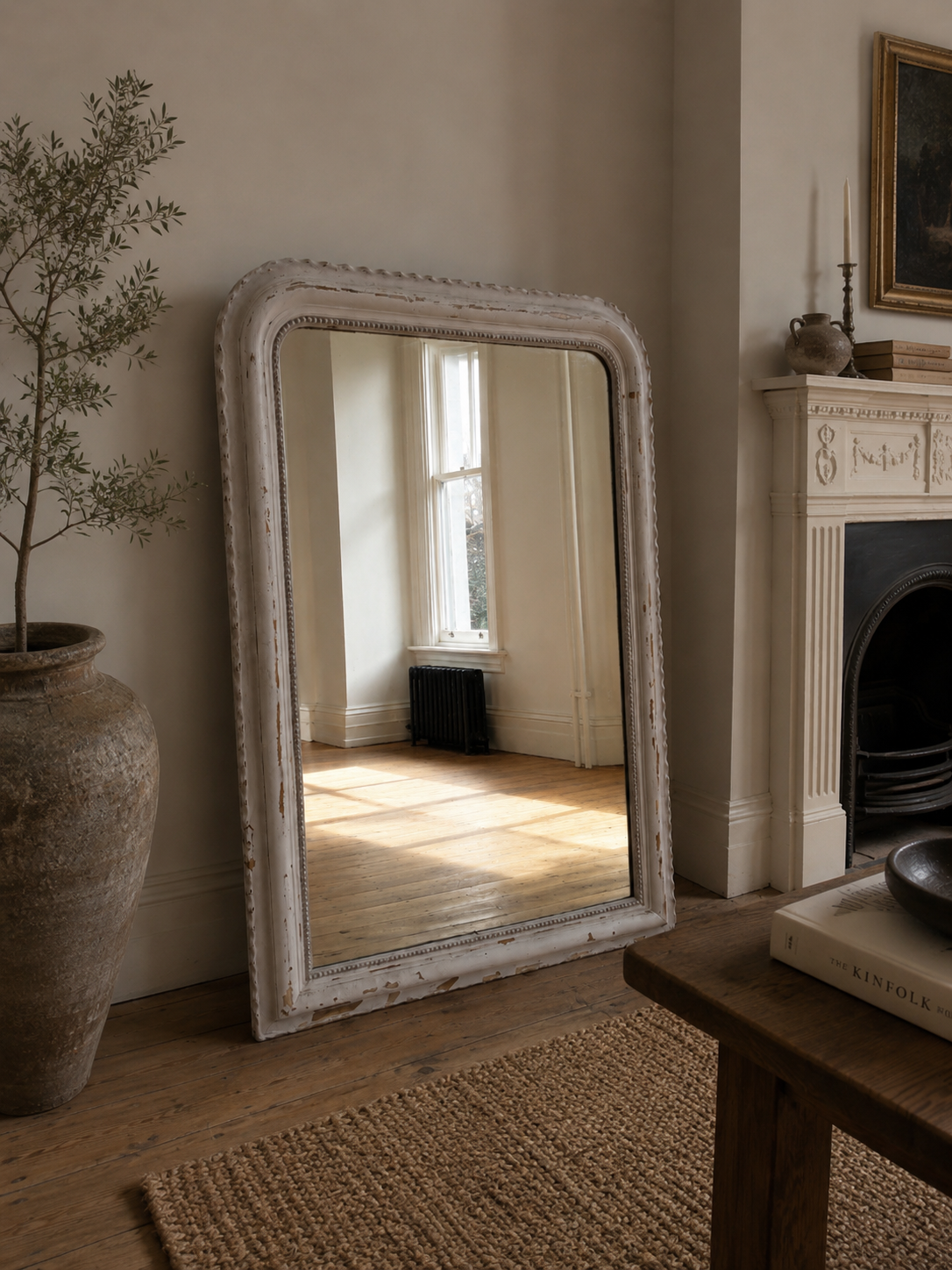 Large 19th Century Antique French White & Gilt Mirror