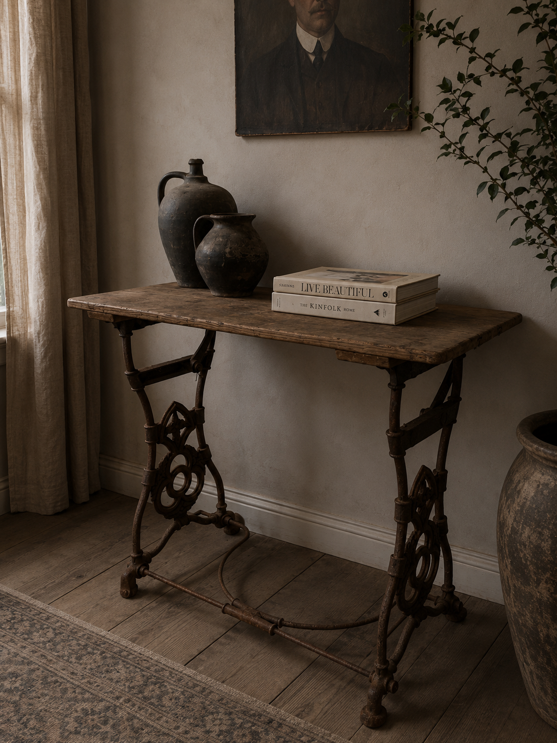 Antique Industrial Cast Iron Base Draughtmans Table