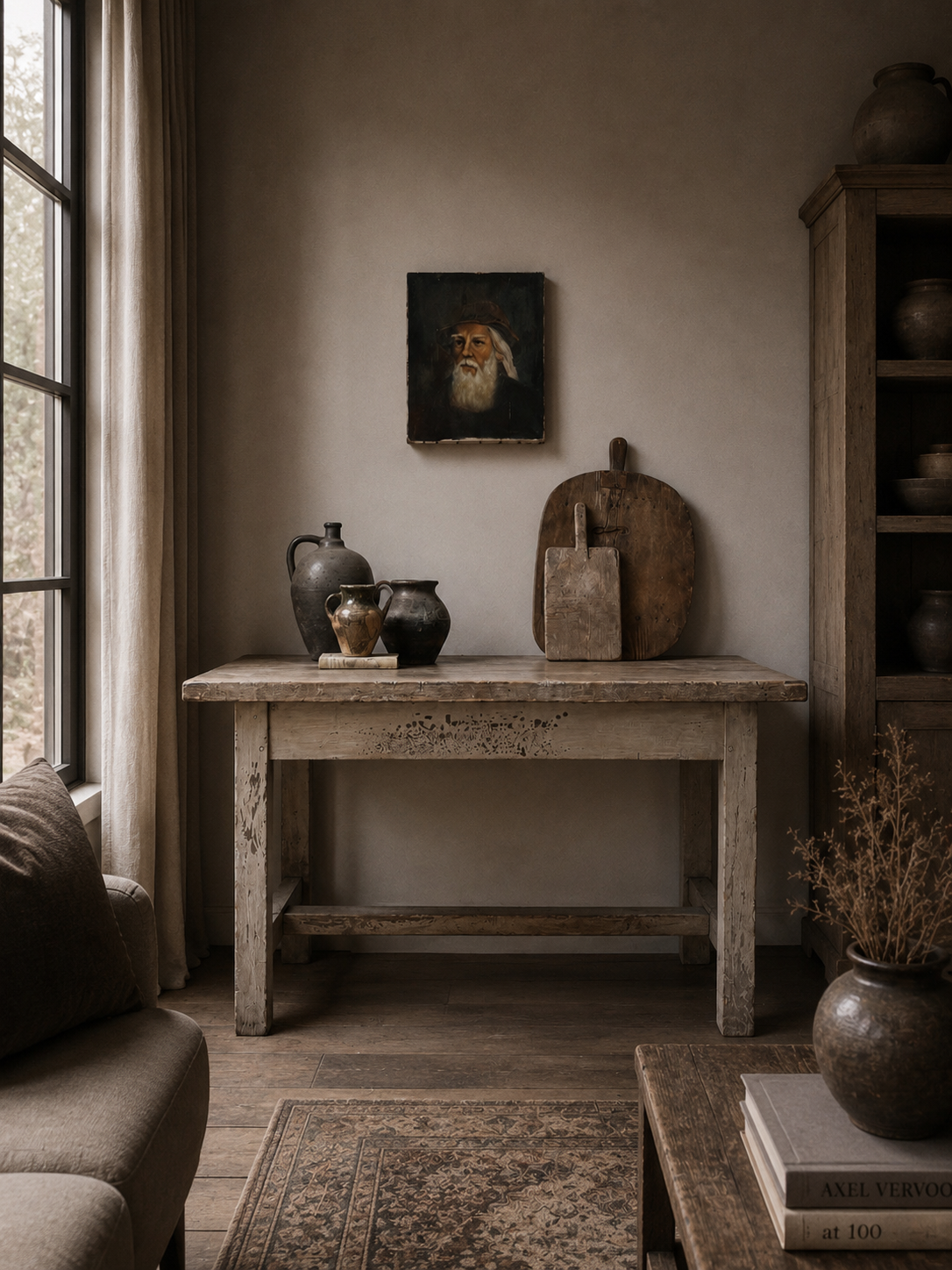 Antique French Original Painted Solid Oak Refectory Kitchen Dining/Console Table