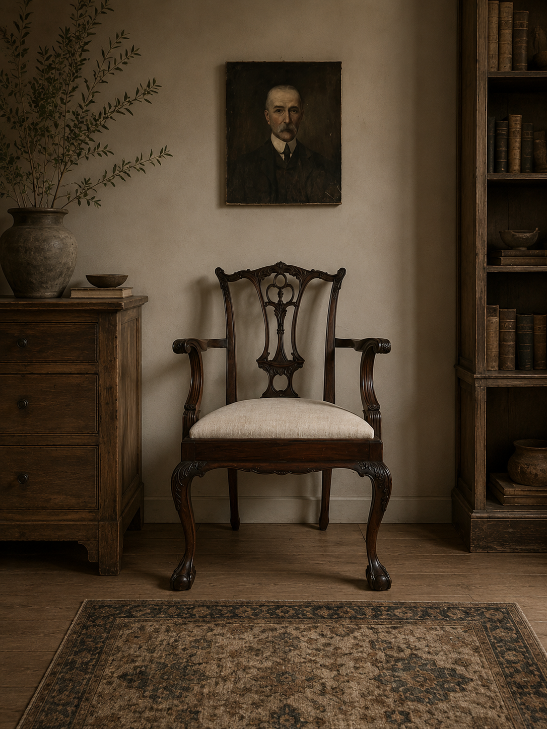 Georgian Antique Mahogany Chippendale Upholstered Armchair
