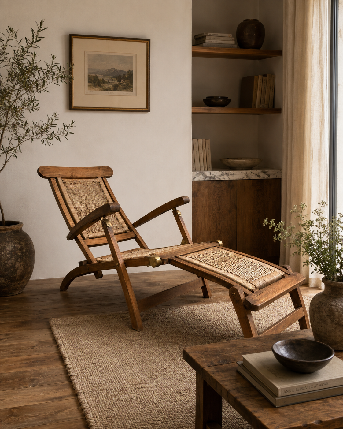 Antique Lounger Chair with Woven Seat & Footrest