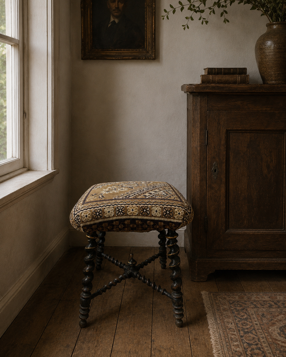 19th Century Antique French Ebonised Tapestry Stool